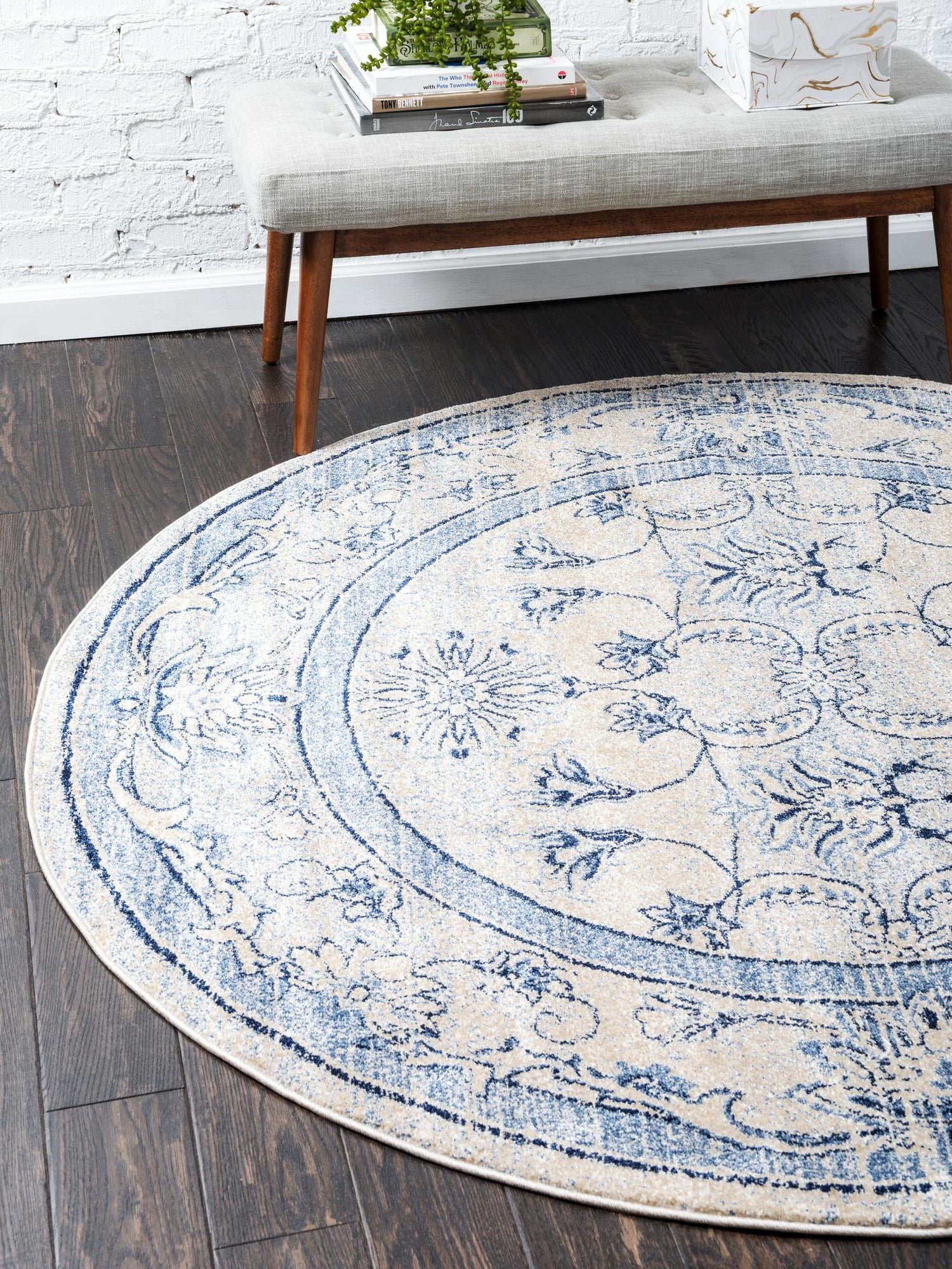 Ivory Blue 6' 1 x 6' 1 La Jolla Round Area Rug 100% Polypropylene Traditional Pattern Easy Clean Carpet for Living, Dining, Bedroom, Office for Sale at Rug Engine