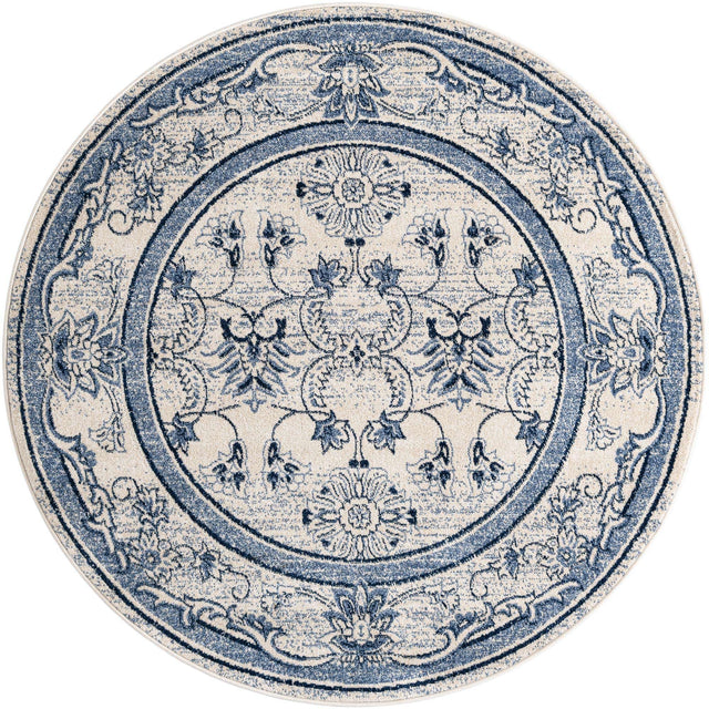 Ivory Blue 6' 1 x 6' 1 La Jolla Round Area Rug 100% Polypropylene Traditional Pattern Easy Clean Carpet for Living, Dining, Bedroom, Office for Sale at Rug Engine