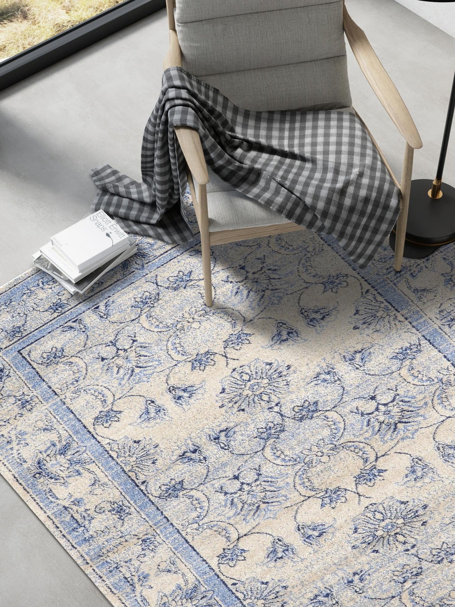 Ivory Blue 6' 1 x 9' La Jolla Rectangle Area Rug 100% Polypropylene Traditional Pattern Easy Clean Carpet for Living, Dining, Bedroom, Office for Sale at Rug Engine