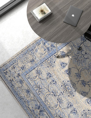 Ivory Blue 5' 3 x 8' La Jolla Rectangle Area Rug 100% Polypropylene Traditional Pattern Easy Clean Carpet for Living, Dining, Bedroom, Office for Sale at Rug Engine