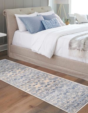 Ivory Blue 2' 7 x 10' La Jolla Runner Area Rug 100% Polypropylene Traditional Pattern Easy Clean Carpet for Living, Dining, Bedroom, Office for Sale at Rug Engine
