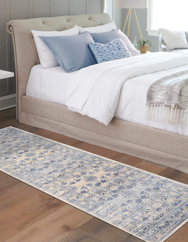 Ivory Blue 2' 7 x 10' La Jolla Runner Area Rug 100% Polypropylene Traditional Pattern Easy Clean Carpet for Living, Dining, Bedroom, Office for Sale at Rug Engine