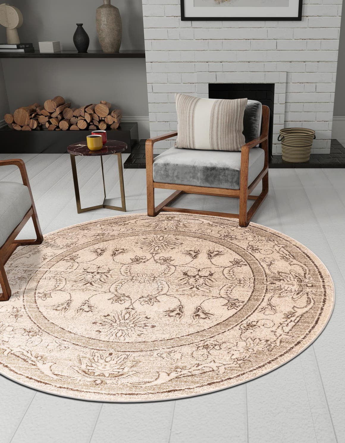 Ivory 12' 2 x 12' 4 La Jolla Round Area Rug 100% Polypropylene Traditional Pattern Easy Clean Carpet for Living, Dining, Bedroom, Office for Sale at Rug Engine