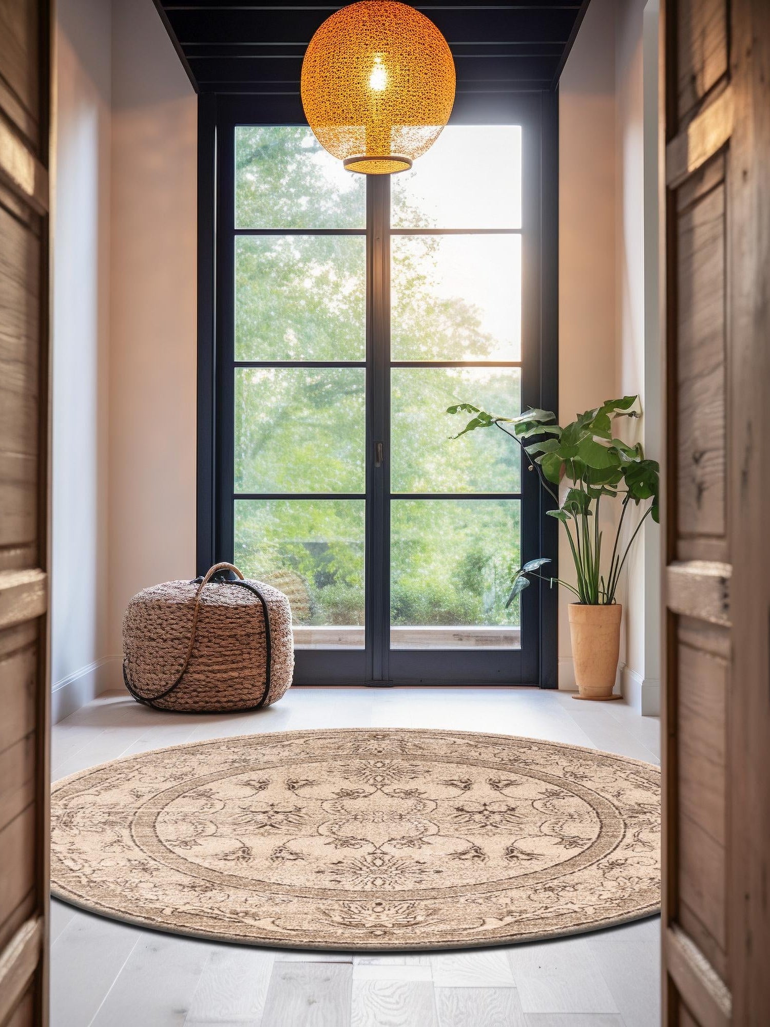Ivory 7' 10 x 7' 10 La Jolla Round Area Rug 100% Polypropylene Traditional Pattern Easy Clean Carpet for Living, Dining, Bedroom, Office for Sale at Rug Engine