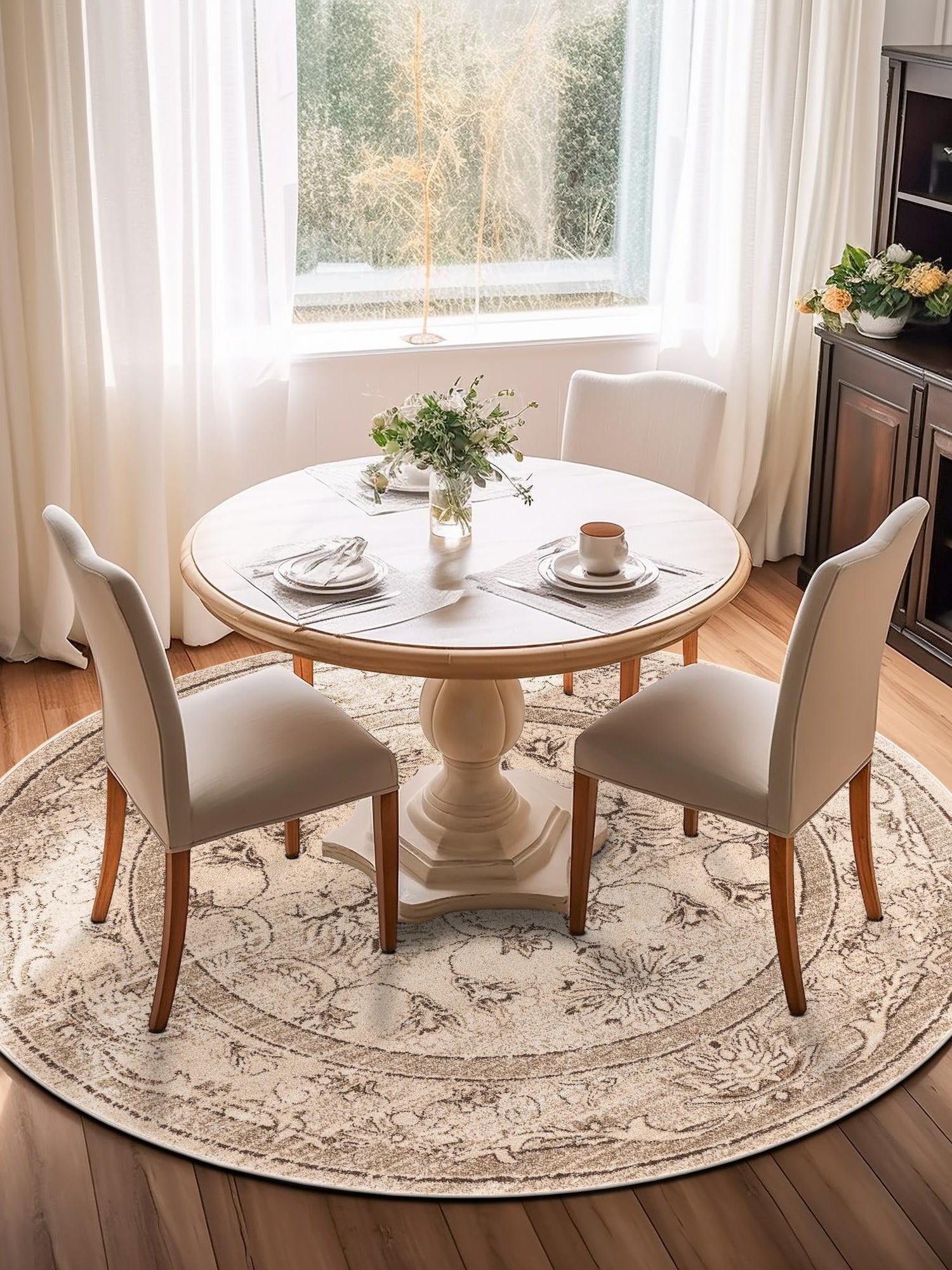 Ivory 7' 10 x 7' 10 La Jolla Round Area Rug 100% Polypropylene Traditional Pattern Easy Clean Carpet for Living, Dining, Bedroom, Office for Sale at Rug Engine