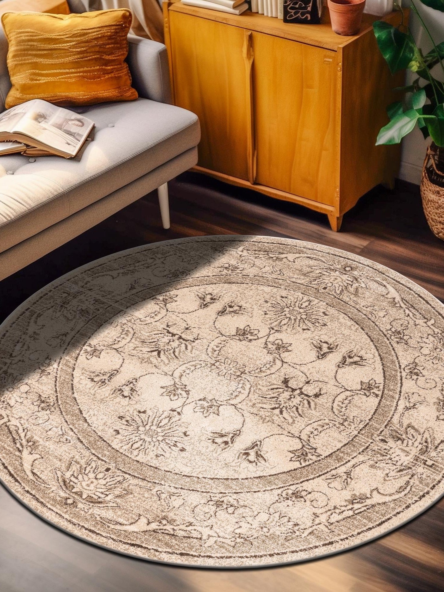 Ivory 6' 1 x 6' 1 La Jolla Round Area Rug 100% Polypropylene Traditional Pattern Easy Clean Carpet for Living, Dining, Bedroom, Office for Sale at Rug Engine