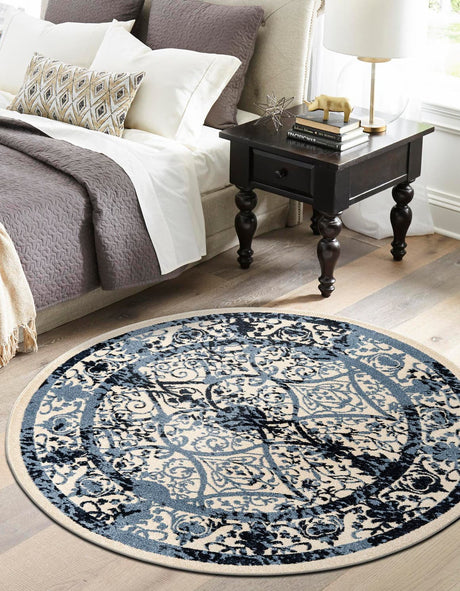 Ivory and Blue 6' 1 x 6' 1 La Jolla Round Area Rug 100% Polypropylene Traditional Pattern Easy Clean Carpet for Living, Dining, Bedroom, Office for Sale at Rug Engine