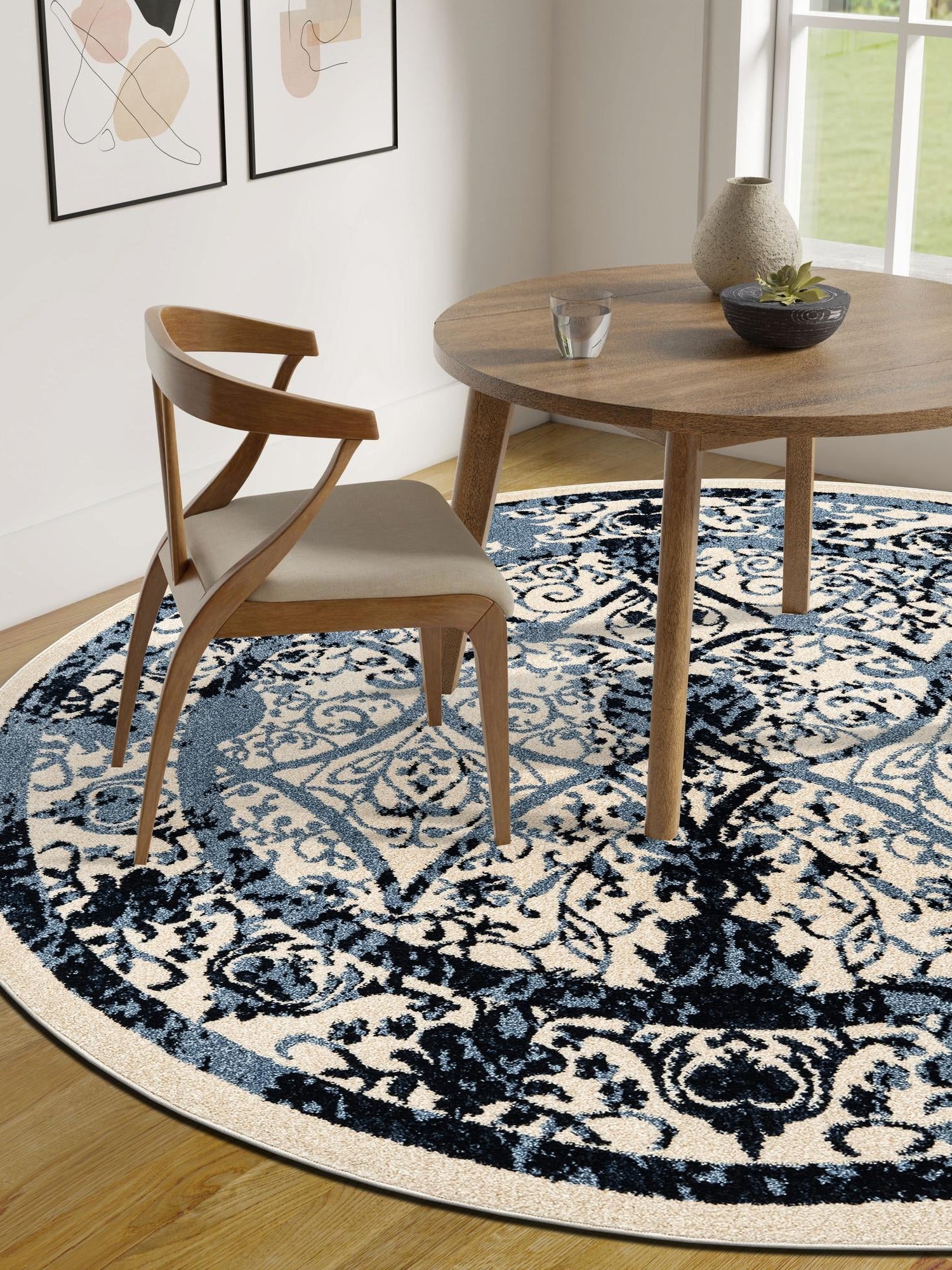 Ivory and Blue 6' 1 x 6' 1 La Jolla Round Area Rug 100% Polypropylene Traditional Pattern Easy Clean Carpet for Living, Dining, Bedroom, Office for Sale at Rug Engine