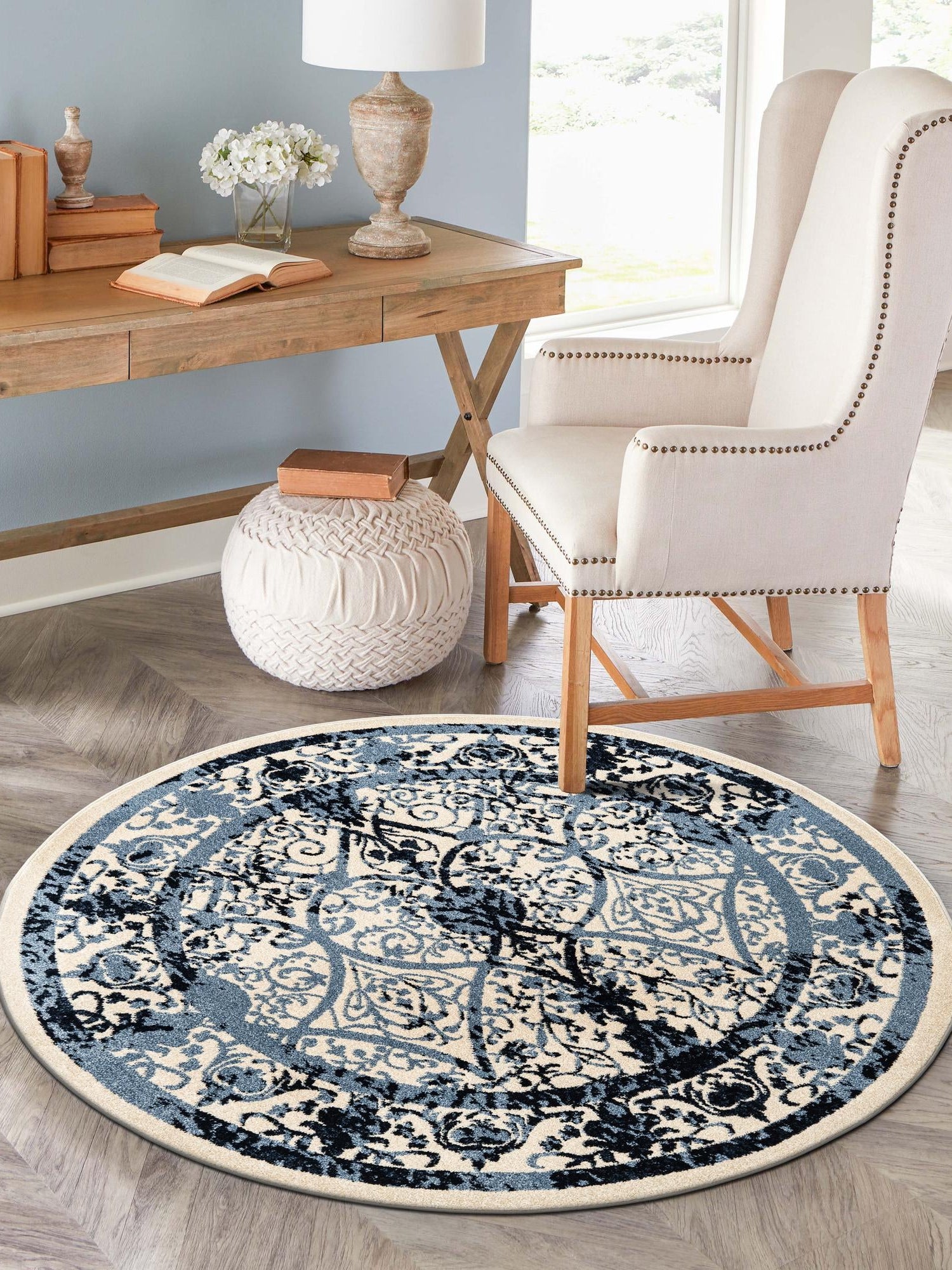 Ivory and Blue 6' 1 x 6' 1 La Jolla Round Area Rug 100% Polypropylene Traditional Pattern Easy Clean Carpet for Living, Dining, Bedroom, Office for Sale at Rug Engine