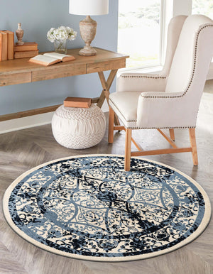 Ivory and Blue 6' 1 x 6' 1 La Jolla Round Area Rug 100% Polypropylene Traditional Pattern Easy Clean Carpet for Living, Dining, Bedroom, Office for Sale at Rug Engine