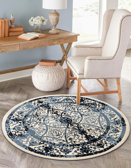 Ivory and Blue 6' 1 x 6' 1 La Jolla Round Area Rug 100% Polypropylene Traditional Pattern Easy Clean Carpet for Living, Dining, Bedroom, Office for Sale at Rug Engine
