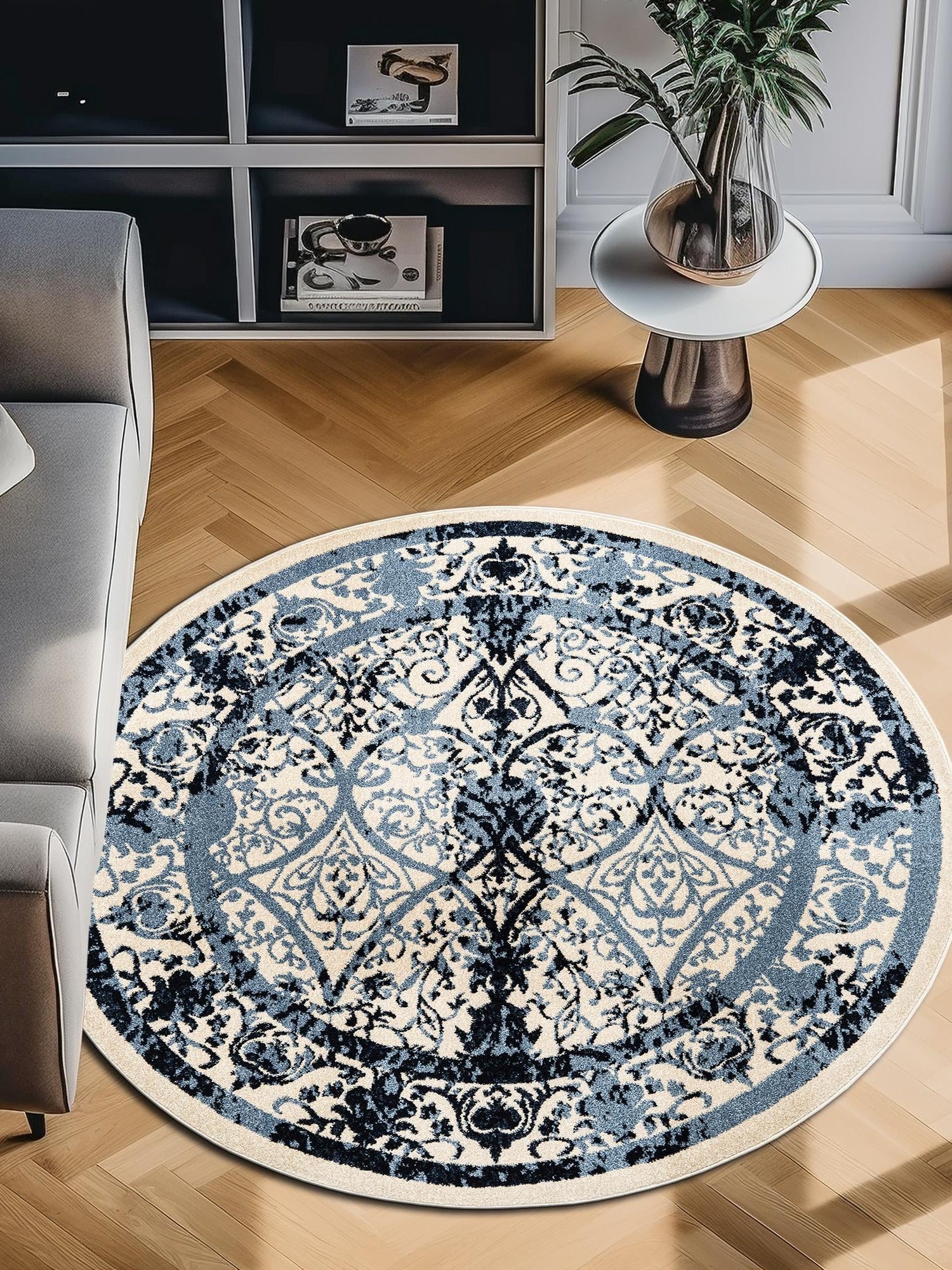 Ivory and Blue 6' 1 x 6' 1 La Jolla Round Area Rug 100% Polypropylene Traditional Pattern Easy Clean Carpet for Living, Dining, Bedroom, Office for Sale at Rug Engine