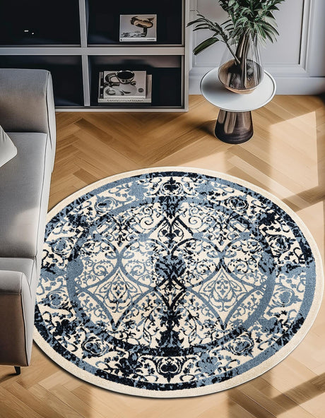 Ivory and Blue 6' 1 x 6' 1 La Jolla Round Area Rug 100% Polypropylene Traditional Pattern Easy Clean Carpet for Living, Dining, Bedroom, Office for Sale at Rug Engine