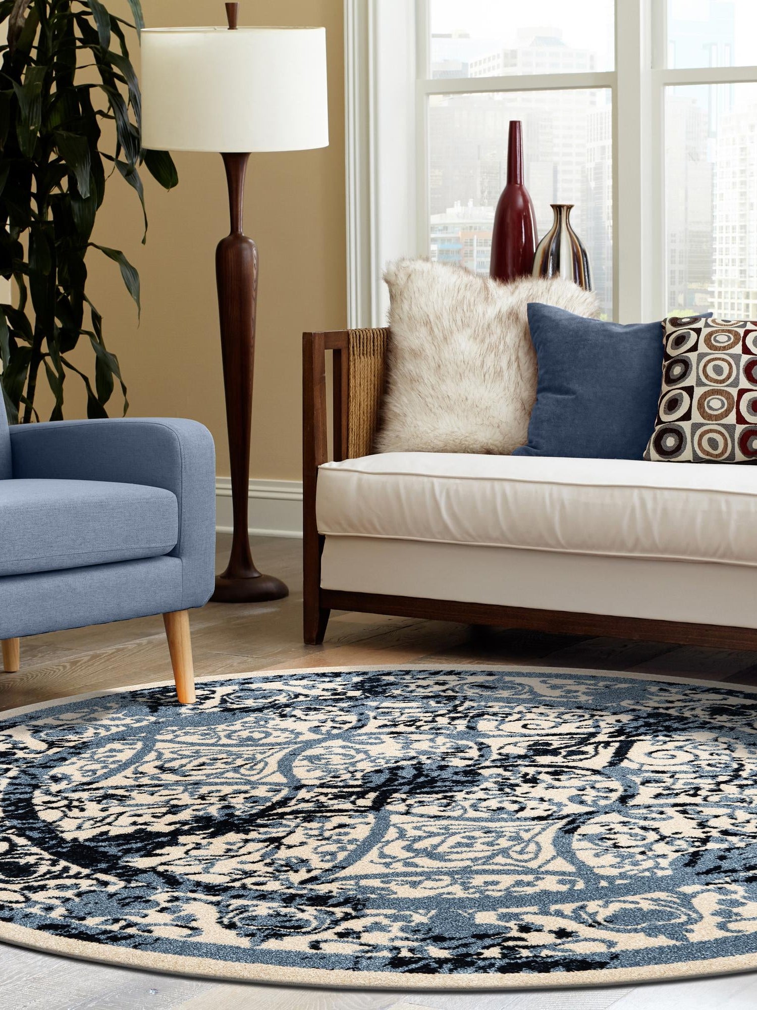 Ivory and Blue 6' 1 x 6' 1 La Jolla Round Area Rug 100% Polypropylene Traditional Pattern Easy Clean Carpet for Living, Dining, Bedroom, Office for Sale at Rug Engine