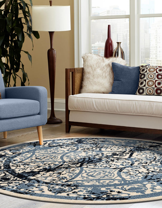 Ivory and Blue 6' 1 x 6' 1 La Jolla Round Area Rug 100% Polypropylene Traditional Pattern Easy Clean Carpet for Living, Dining, Bedroom, Office for Sale at Rug Engine