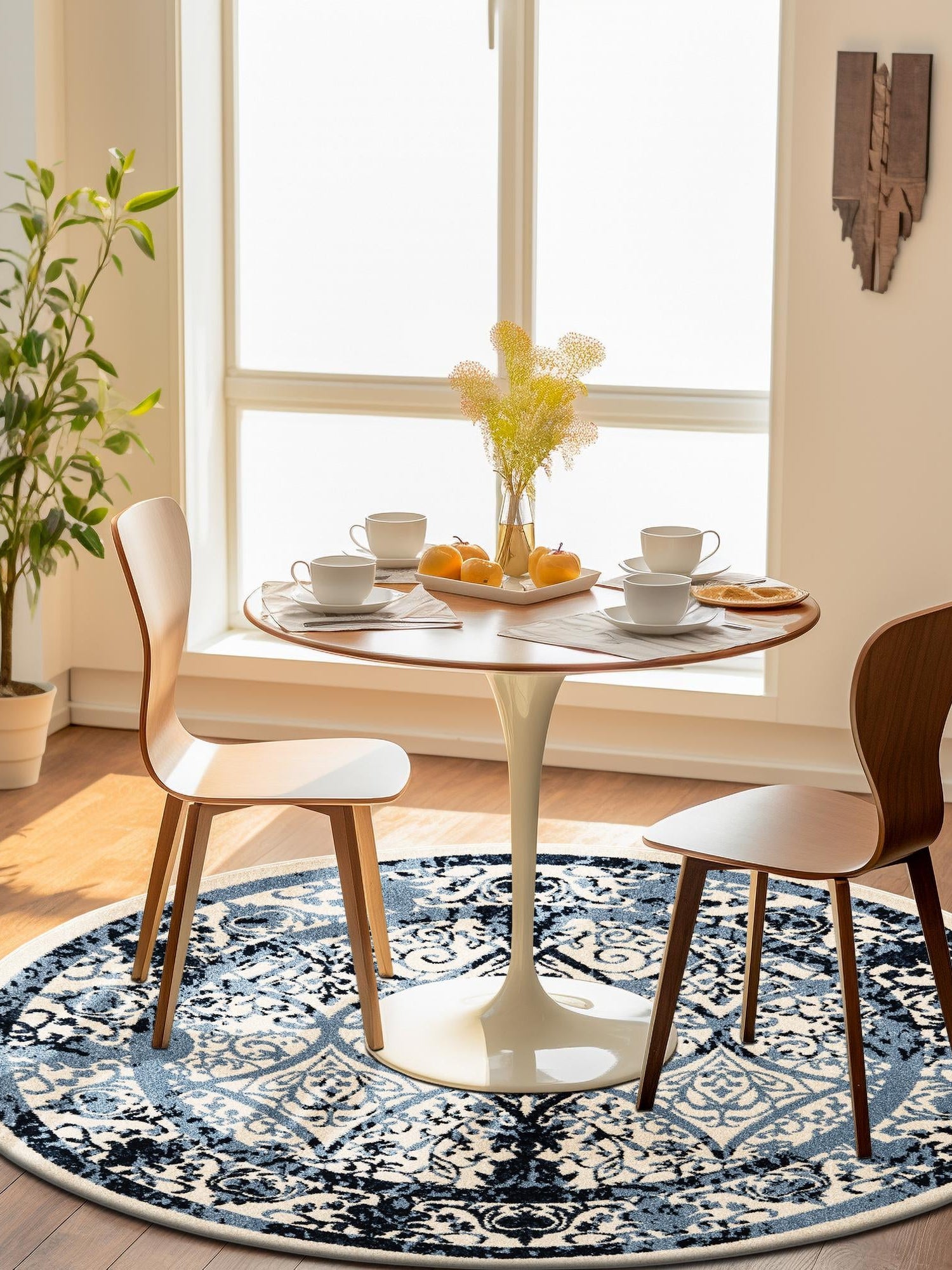 Ivory and Blue 6' 1 x 6' 1 La Jolla Round Area Rug 100% Polypropylene Traditional Pattern Easy Clean Carpet for Living, Dining, Bedroom, Office for Sale at Rug Engine