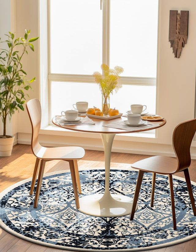 Ivory and Blue 6' 1 x 6' 1 La Jolla Round Area Rug 100% Polypropylene Traditional Pattern Easy Clean Carpet for Living, Dining, Bedroom, Office for Sale at Rug Engine