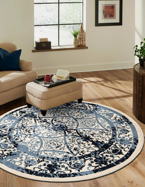 Ivory and Blue 6' 1 x 6' 1 La Jolla Round Area Rug 100% Polypropylene Traditional Pattern Easy Clean Carpet for Living, Dining, Bedroom, Office for Sale at Rug Engine