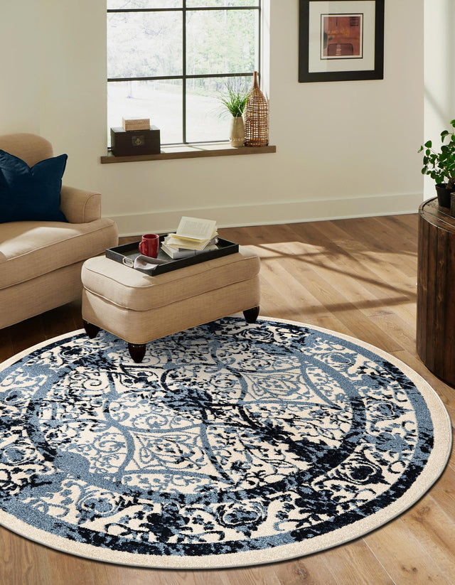 Ivory and Blue 6' 1 x 6' 1 La Jolla Round Area Rug 100% Polypropylene Traditional Pattern Easy Clean Carpet for Living, Dining, Bedroom, Office for Sale at Rug Engine