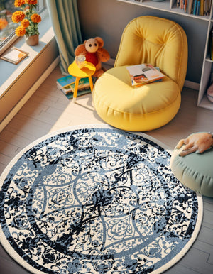 Ivory and Blue 6' 1 x 6' 1 La Jolla Round Area Rug 100% Polypropylene Traditional Pattern Easy Clean Carpet for Living, Dining, Bedroom, Office for Sale at Rug Engine