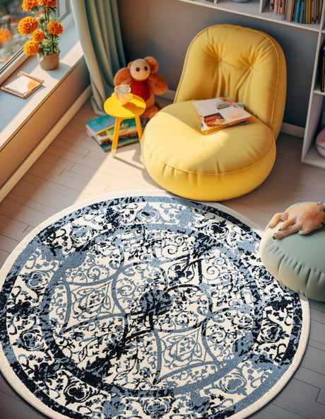 Ivory and Blue 6' 1 x 6' 1 La Jolla Round Area Rug 100% Polypropylene Traditional Pattern Easy Clean Carpet for Living, Dining, Bedroom, Office for Sale at Rug Engine