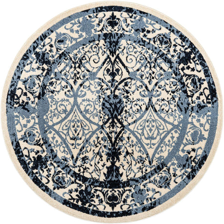 Ivory and Blue 6' 1 x 6' 1 La Jolla Round Area Rug 100% Polypropylene Traditional Pattern Easy Clean Carpet for Living, Dining, Bedroom, Office for Sale at Rug Engine