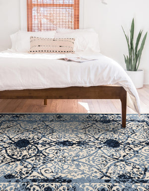 Ivory and Blue 10' 6 x 16' 5 La Jolla Rectangle Area Rug 100% Polypropylene Traditional Pattern Easy Clean Carpet for Living, Dining, Bedroom, Office for Sale at Rug Engine