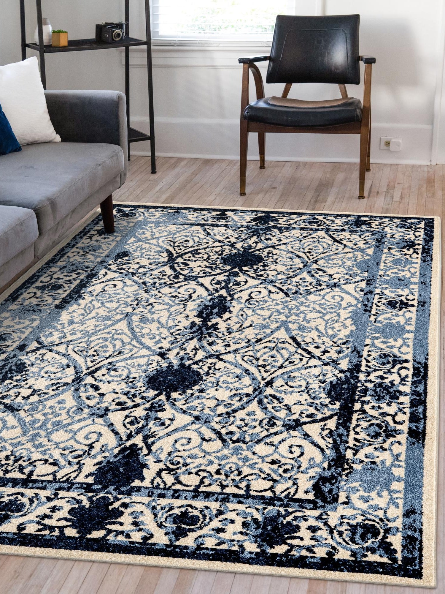 Ivory and Blue 10' 6 x 16' 5 La Jolla Rectangle Area Rug 100% Polypropylene Traditional Pattern Easy Clean Carpet for Living, Dining, Bedroom, Office for Sale at Rug Engine