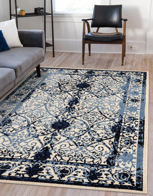 Ivory and Blue 10' 6 x 16' 5 La Jolla Rectangle Area Rug 100% Polypropylene Traditional Pattern Easy Clean Carpet for Living, Dining, Bedroom, Office for Sale at Rug Engine