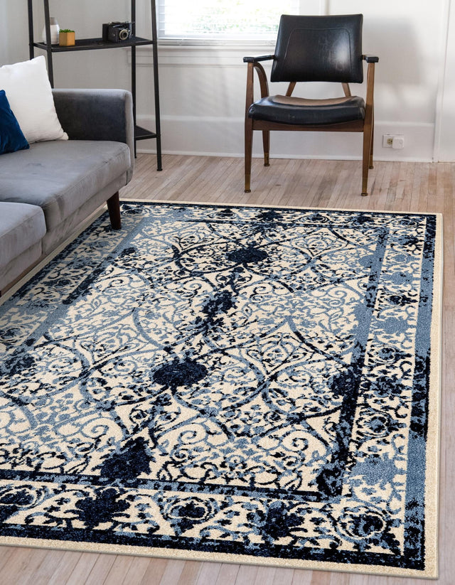 Ivory and Blue 10' 6 x 16' 5 La Jolla Rectangle Area Rug 100% Polypropylene Traditional Pattern Easy Clean Carpet for Living, Dining, Bedroom, Office for Sale at Rug Engine