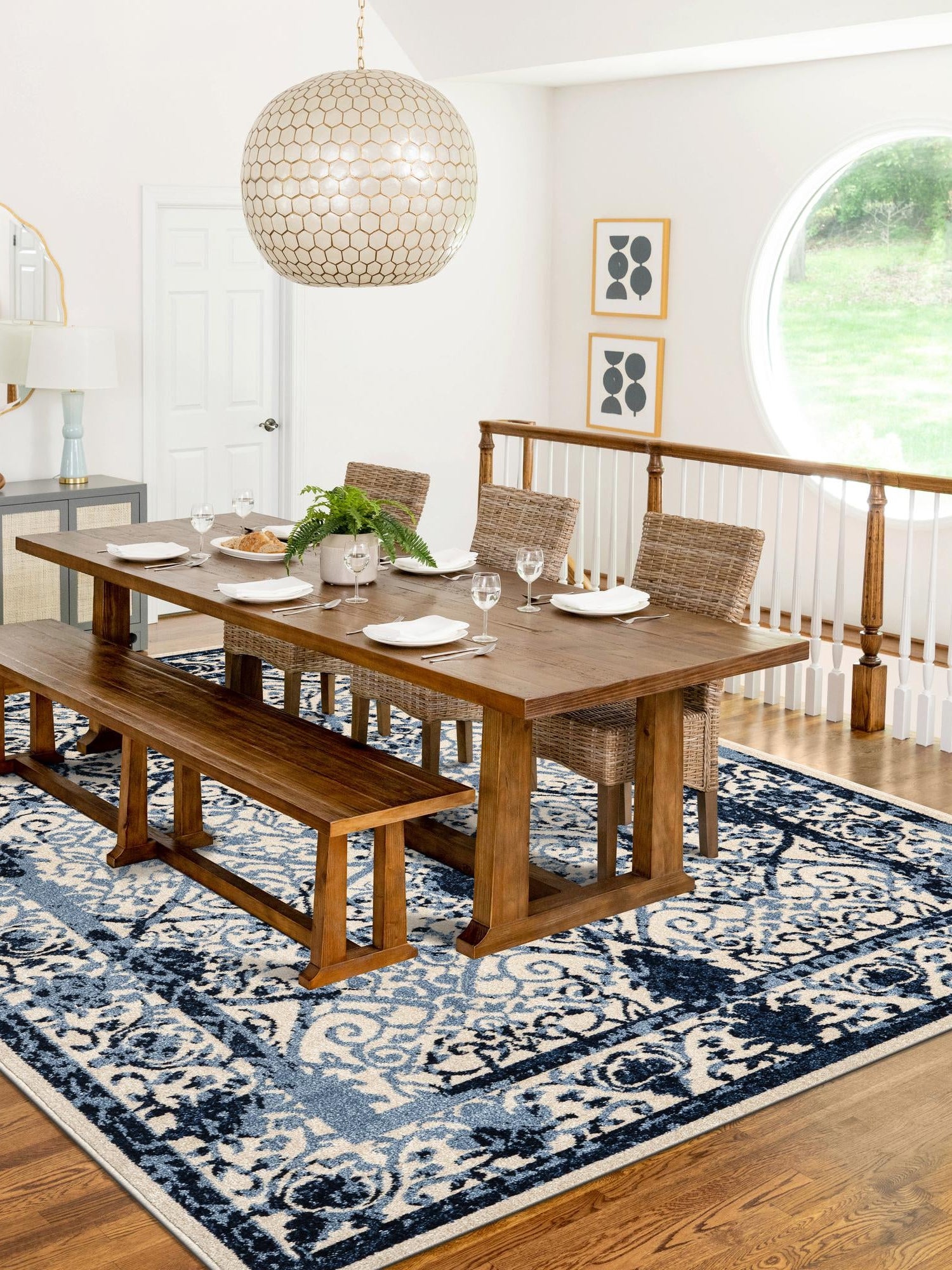 Ivory and Blue 10' 6 x 16' 5 La Jolla Rectangle Area Rug 100% Polypropylene Traditional Pattern Easy Clean Carpet for Living, Dining, Bedroom, Office for Sale at Rug Engine