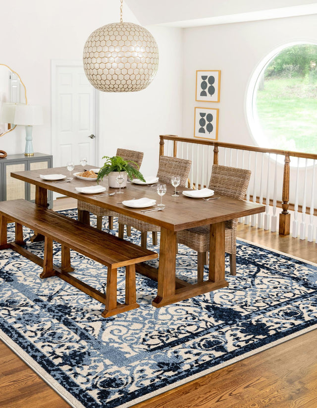 Ivory and Blue 10' 6 x 16' 5 La Jolla Rectangle Area Rug 100% Polypropylene Traditional Pattern Easy Clean Carpet for Living, Dining, Bedroom, Office for Sale at Rug Engine
