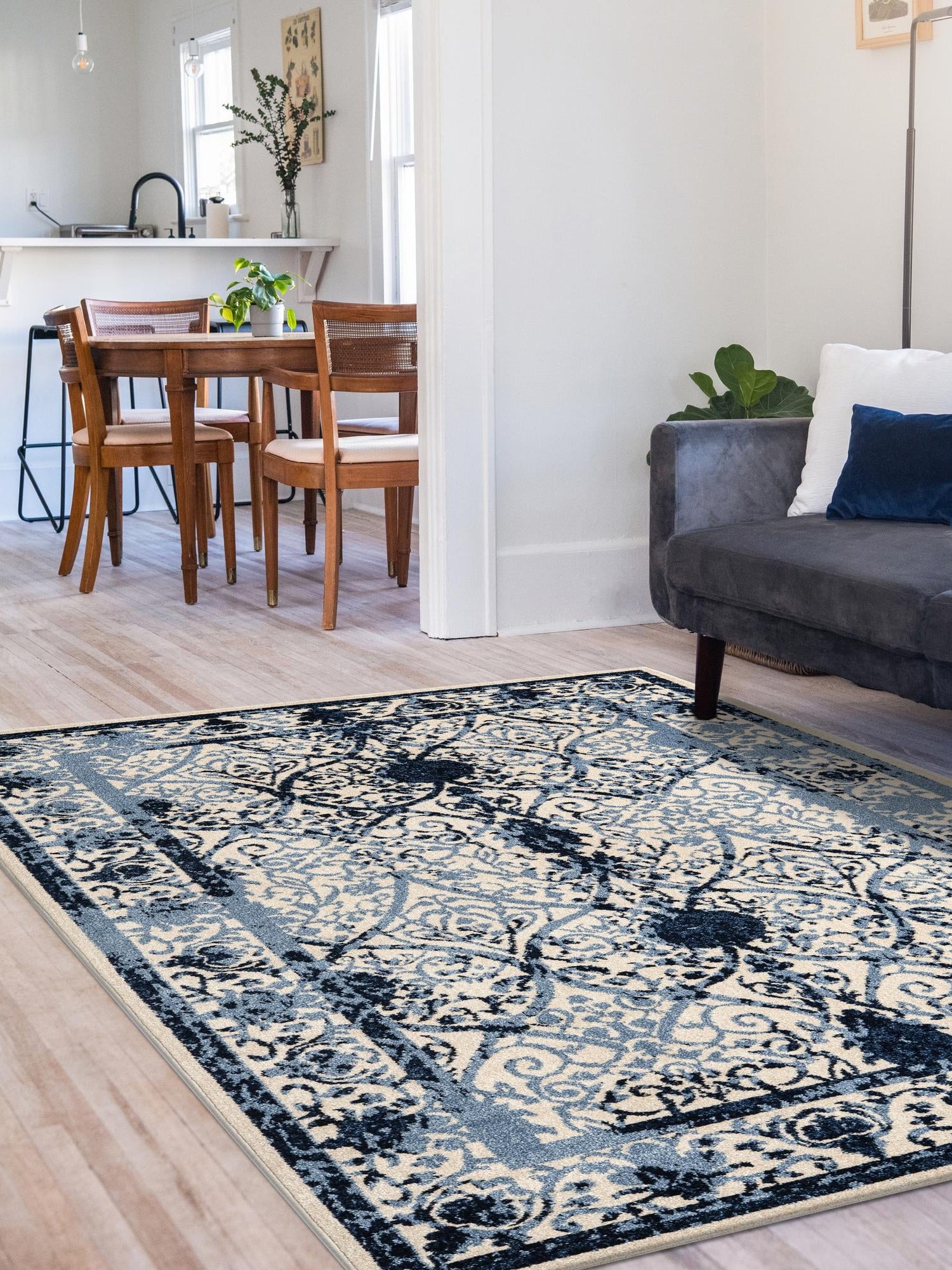 Ivory and Blue 10' 6 x 16' 5 La Jolla Rectangle Area Rug 100% Polypropylene Traditional Pattern Easy Clean Carpet for Living, Dining, Bedroom, Office for Sale at Rug Engine