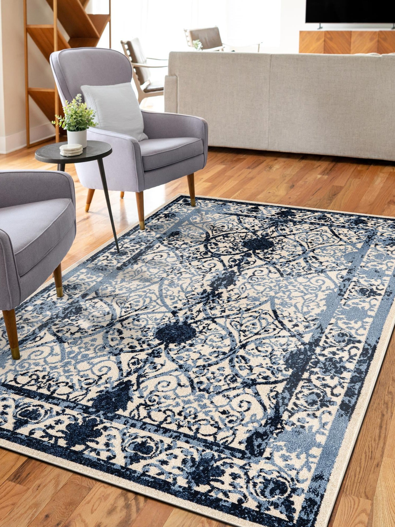 Ivory and Blue 10' 6 x 16' 5 La Jolla Rectangle Area Rug 100% Polypropylene Traditional Pattern Easy Clean Carpet for Living, Dining, Bedroom, Office for Sale at Rug Engine
