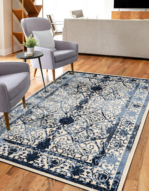 Ivory and Blue 10' 6 x 16' 5 La Jolla Rectangle Area Rug 100% Polypropylene Traditional Pattern Easy Clean Carpet for Living, Dining, Bedroom, Office for Sale at Rug Engine