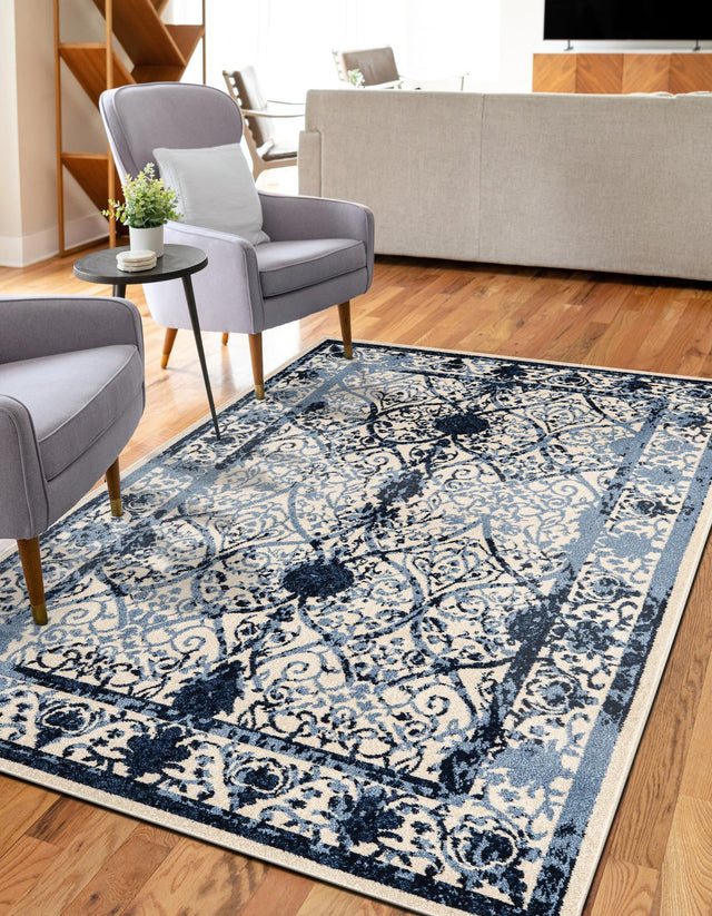 Ivory and Blue 10' 6 x 16' 5 La Jolla Rectangle Area Rug 100% Polypropylene Traditional Pattern Easy Clean Carpet for Living, Dining, Bedroom, Office for Sale at Rug Engine