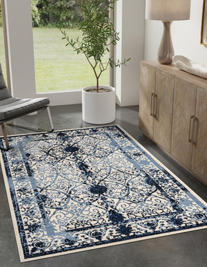 Ivory and Blue 4' 1 x 6' 1 La Jolla Rectangle Area Rug 100% Polypropylene Traditional Pattern Easy Clean Carpet for Living, Dining, Bedroom, Office for Sale at Rug Engine
