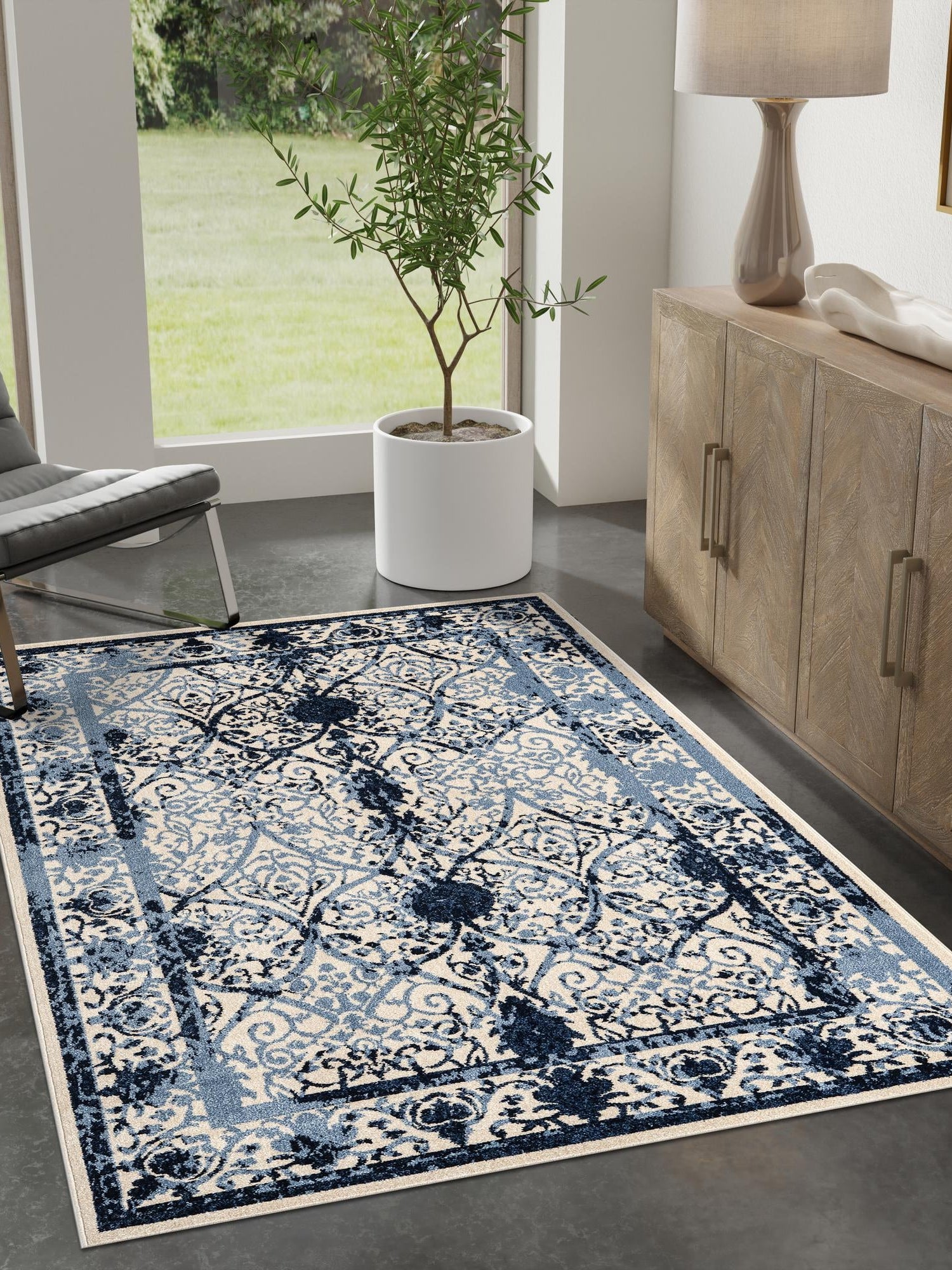 Ivory and Blue 10' x 14' 1 La Jolla Rectangle Area Rug 100% Polypropylene Traditional Pattern Easy Clean Carpet for Living, Dining, Bedroom, Office for Sale at Rug Engine