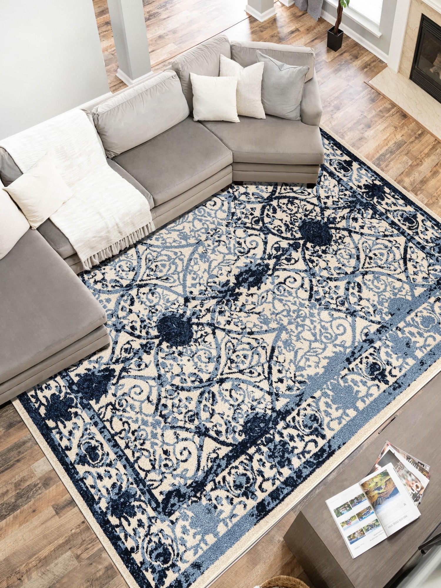 Ivory and Blue 7' 1 x 10' La Jolla Rectangle Area Rug 100% Polypropylene Traditional Pattern Easy Clean Carpet for Living, Dining, Bedroom, Office for Sale at Rug Engine