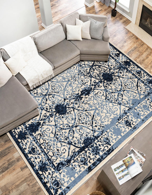 Ivory and Blue 7' 1 x 10' La Jolla Rectangle Area Rug 100% Polypropylene Traditional Pattern Easy Clean Carpet for Living, Dining, Bedroom, Office for Sale at Rug Engine
