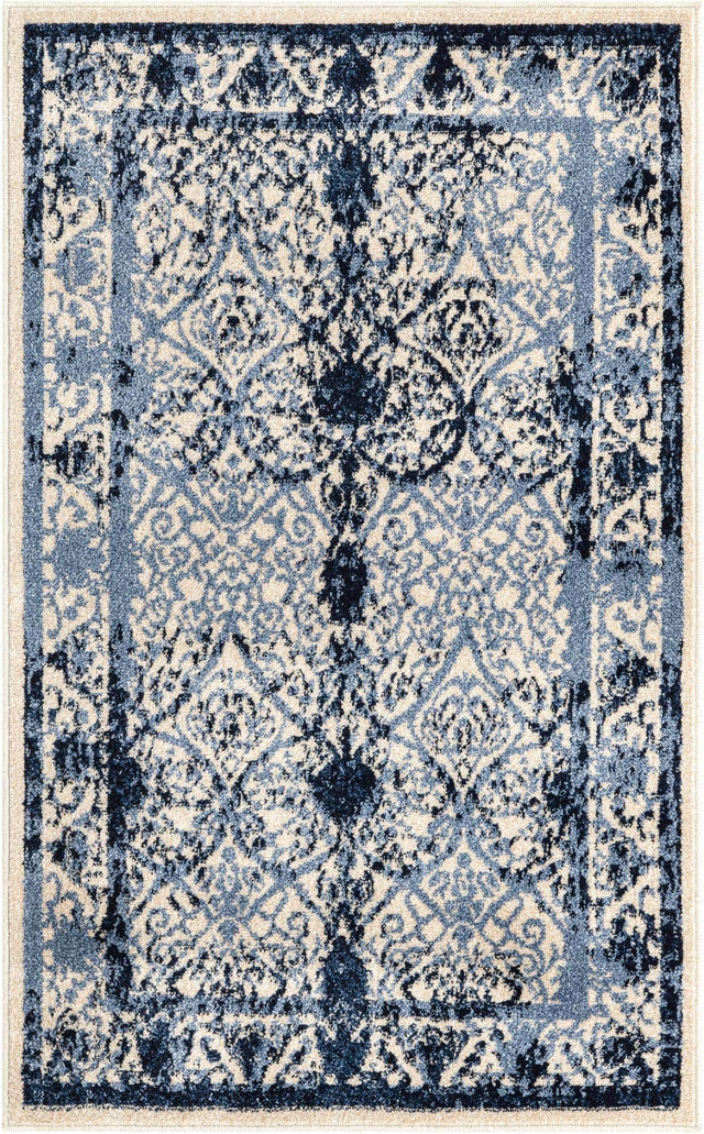 Ivory and Blue 3' 1 x 5' 3 La Jolla Rectangle Area Rug 100% Polypropylene Traditional Pattern Easy Clean Carpet for Living, Dining, Bedroom, Office for Sale at Rug Engine
