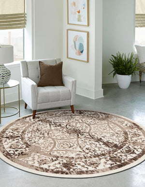 Beige 7' 10 x 7' 10 La Jolla Round Area Rug 100% Polypropylene Traditional Pattern Easy Clean Carpet for Living, Dining, Bedroom, Office for Sale at Rug Engine
