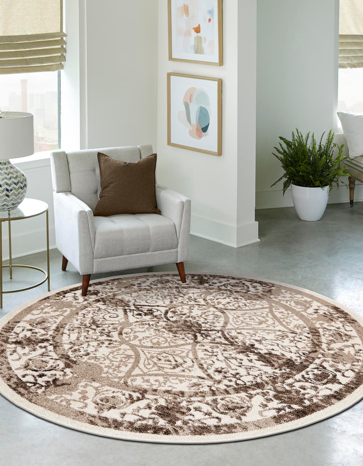 Beige 3' 1 x 3' 1 La Jolla Round Area Rug 100% Polypropylene Traditional Pattern Easy Clean Carpet for Living, Dining, Bedroom, Office for Sale at Rug Engine