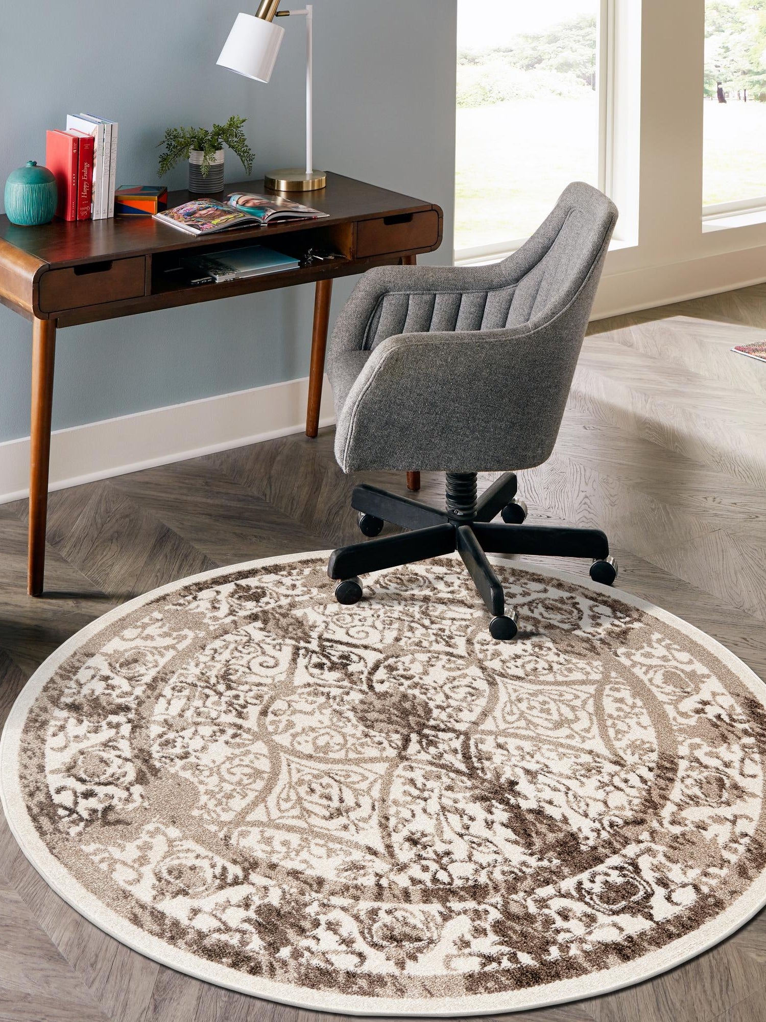 Beige 3' 1 x 3' 1 La Jolla Round Area Rug 100% Polypropylene Traditional Pattern Easy Clean Carpet for Living, Dining, Bedroom, Office for Sale at Rug Engine