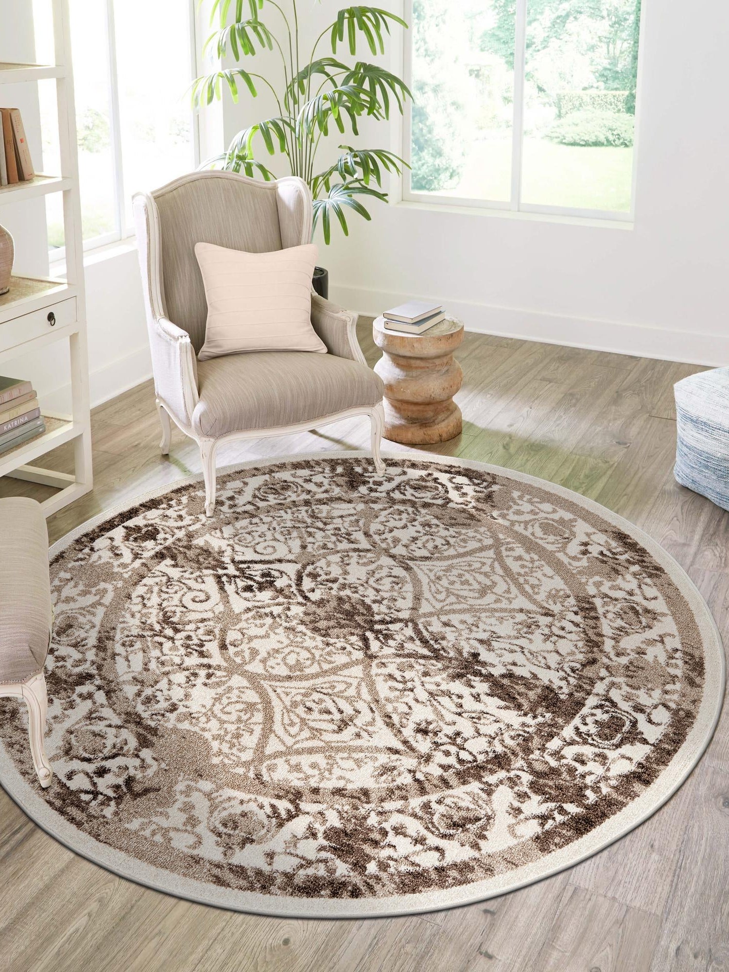 Beige 6' 1 x 6' 1 La Jolla Round Area Rug 100% Polypropylene Traditional Pattern Easy Clean Carpet for Living, Dining, Bedroom, Office for Sale at Rug Engine