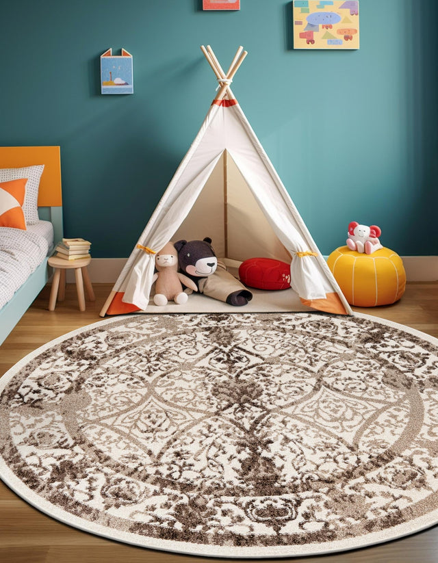 Beige 7' 10 x 7' 10 La Jolla Round Area Rug 100% Polypropylene Traditional Pattern Easy Clean Carpet for Living, Dining, Bedroom, Office for Sale at Rug Engine