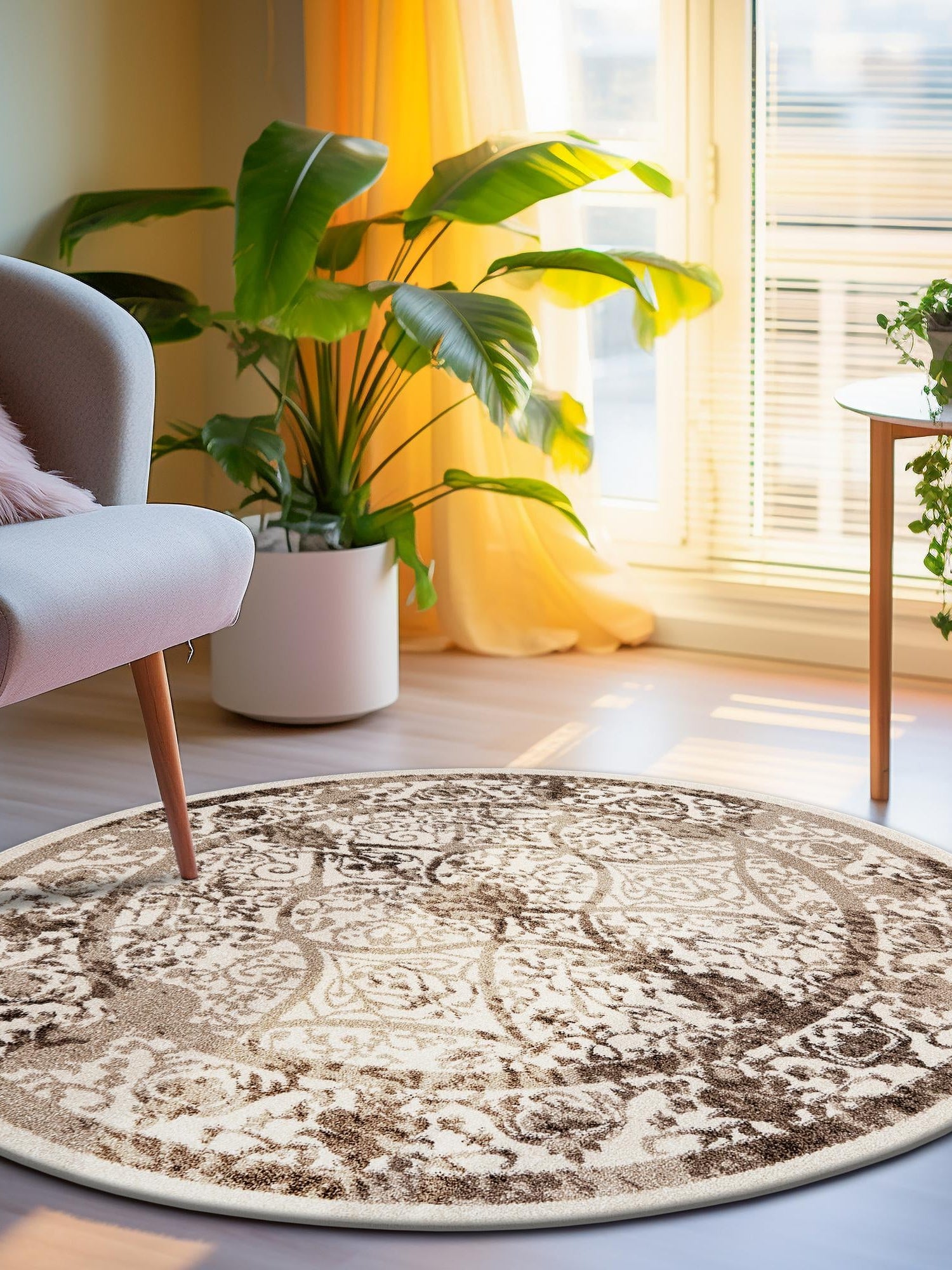 Beige 6' 1 x 6' 1 La Jolla Round Area Rug 100% Polypropylene Traditional Pattern Easy Clean Carpet for Living, Dining, Bedroom, Office for Sale at Rug Engine