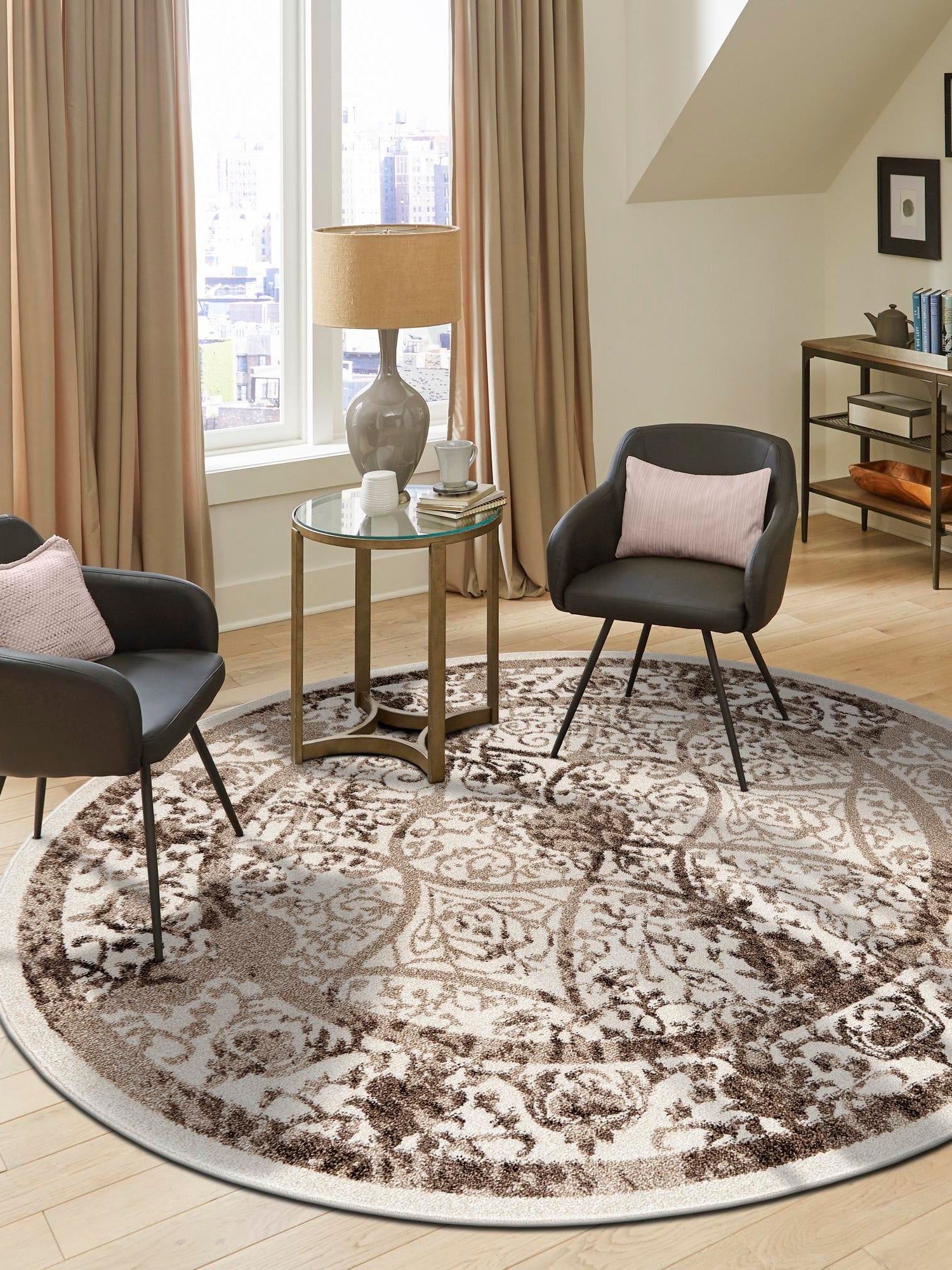 Beige 12' 2 x 12' 2 La Jolla Round Area Rug 100% Polypropylene Traditional Pattern Easy Clean Carpet for Living, Dining, Bedroom, Office for Sale at Rug Engine