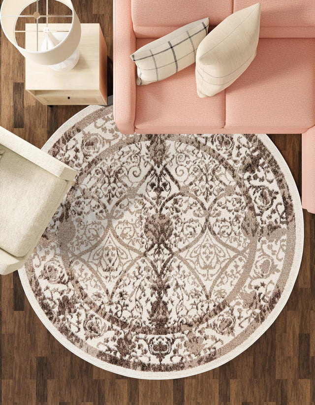 Beige 6' 1 x 6' 1 La Jolla Round Area Rug 100% Polypropylene Traditional Pattern Easy Clean Carpet for Living, Dining, Bedroom, Office for Sale at Rug Engine