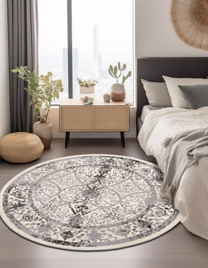 Ivory and Gray 7' 10 x 7' 10 La Jolla Round Area Rug 100% Polypropylene Traditional Pattern Easy Clean Carpet for Living, Dining, Bedroom, Office for Sale at Rug Engine